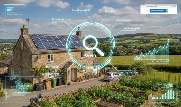 Sustainable B&B with solar panels and garden, illustrating 'Green Search' SEO concepts and eco-focus