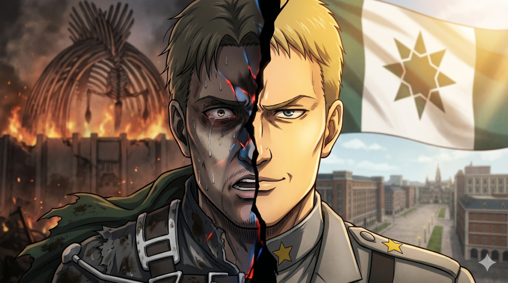 Split portrait of Reiner Braun from Attack on Titan showing his dual identity as an Eldian soldier and Marleyan warrior.