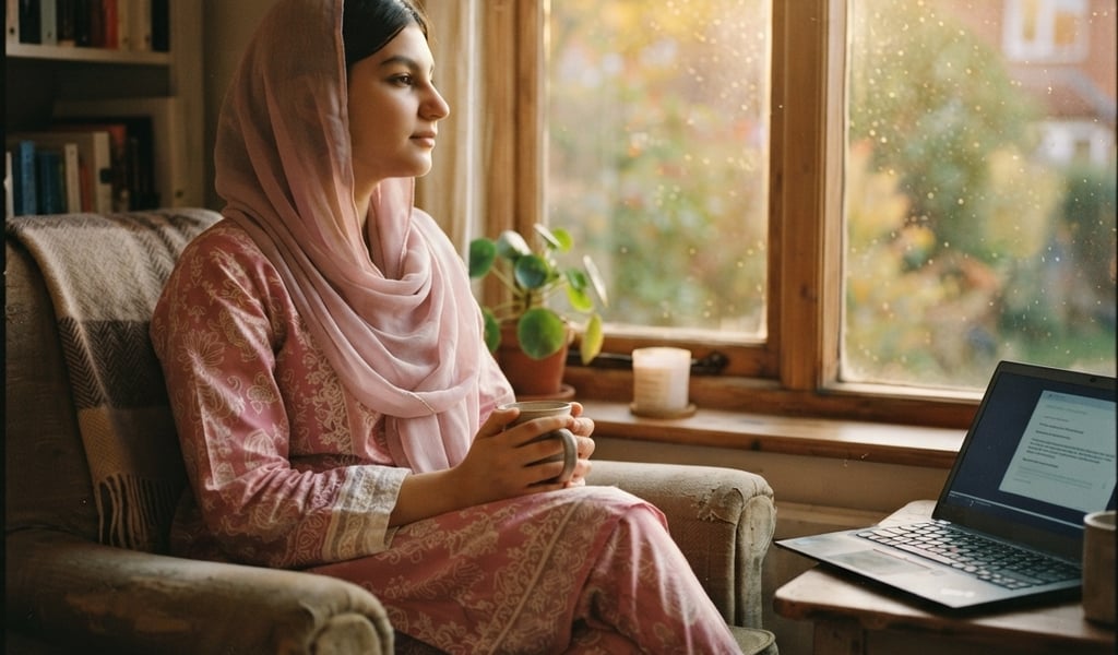 A woman in a pink hijab sits in an armchair with a mug near a laptop and window.