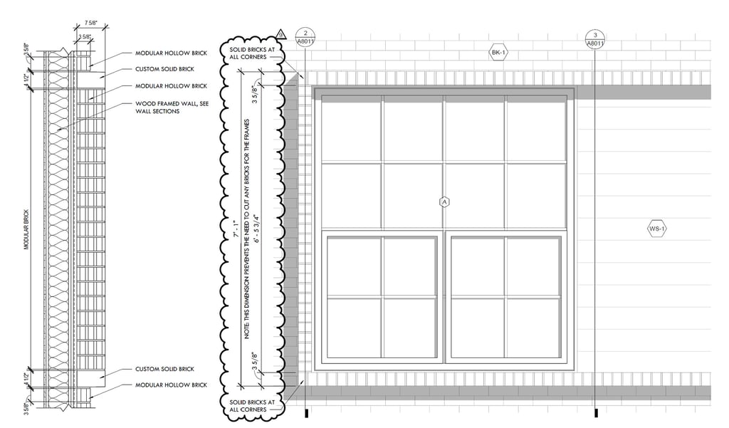 A construction detail drawing of a brick framed window