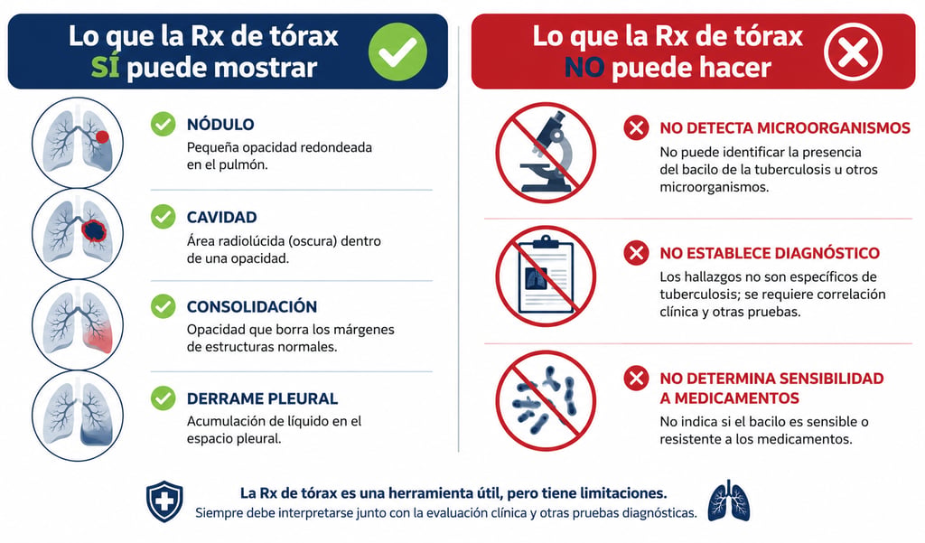 Infografía que muestra las capacidades y limitaciones de la radiografía de tórax para el diagnóstico