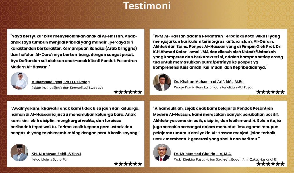 a group of people standing in front of a gold background. Testimoni ponpes Al-Hassan