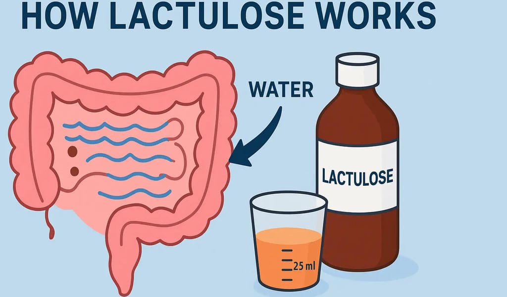 Illustration showing how lactulose works: a diagram of the large intestine with water movement .