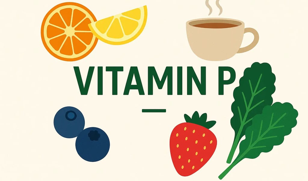 Illustration showing Vitamin P sources like citrus fruits, berries, leafy greens, and tea