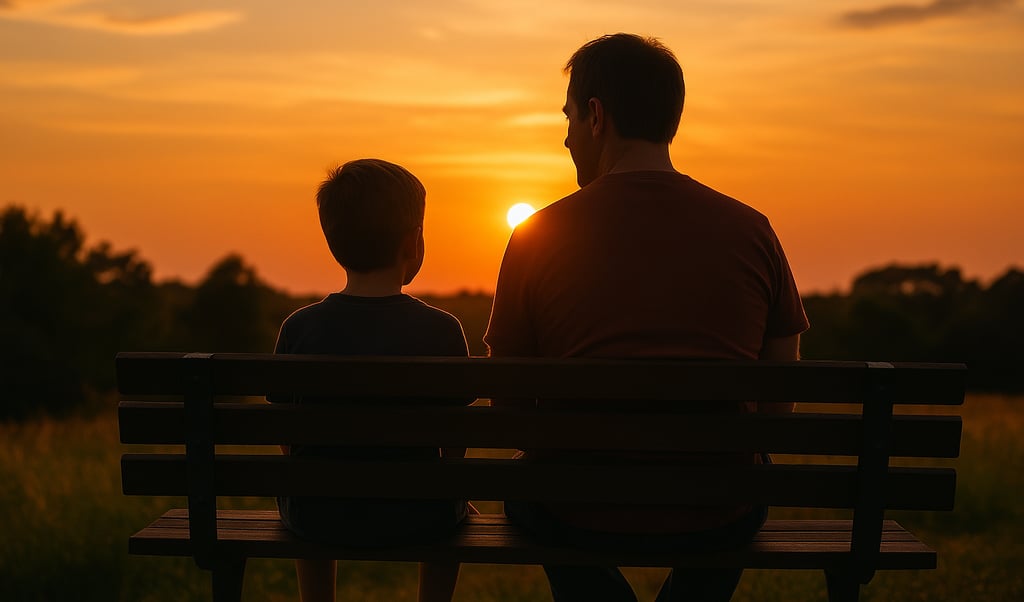 Father and son sit on a bench at sunset. A sense of quiet intimacy and curiosity