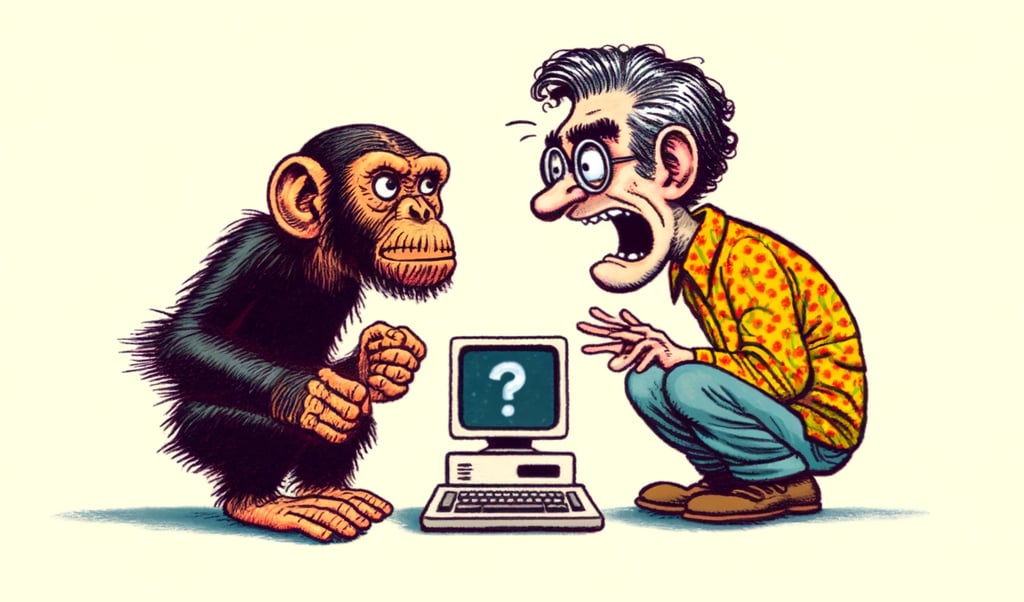 a monkey arguing with a man and a computer