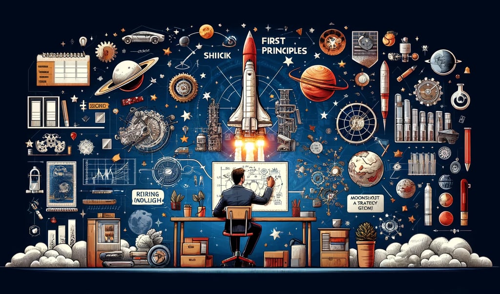 a man sitting at a desk with a rocket ship