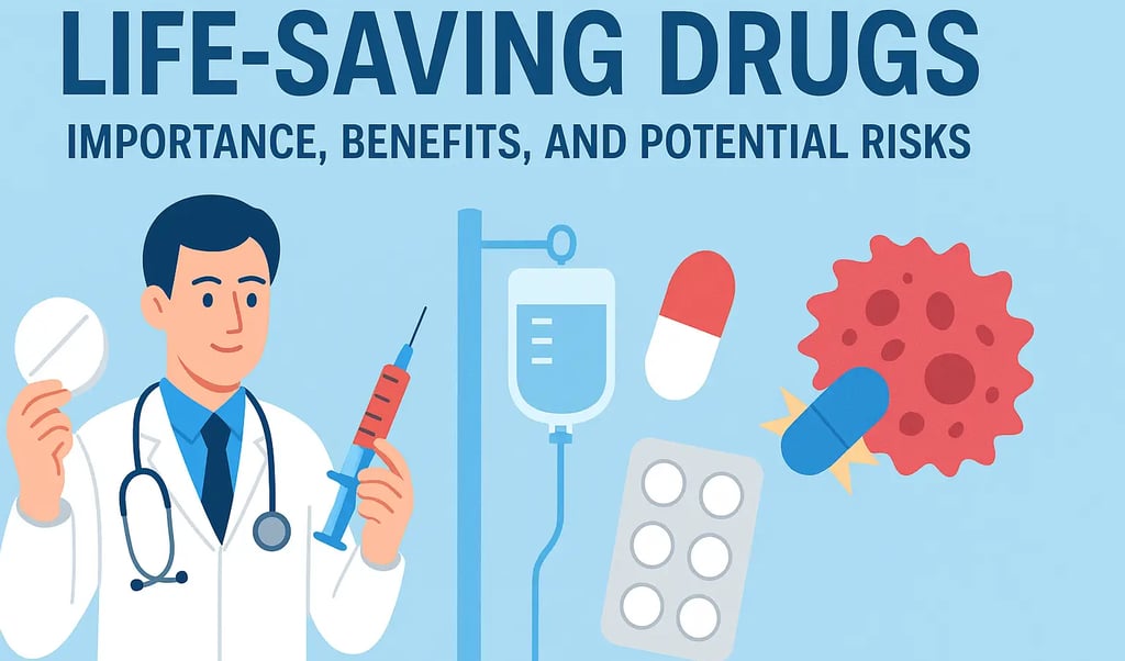 Doctor showing various life-saving drugs including tablets, injections, and IV medications.
