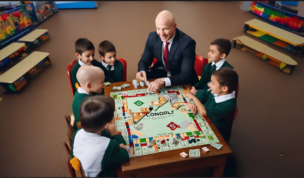 a man in a suit and tie playing a game of monopoly