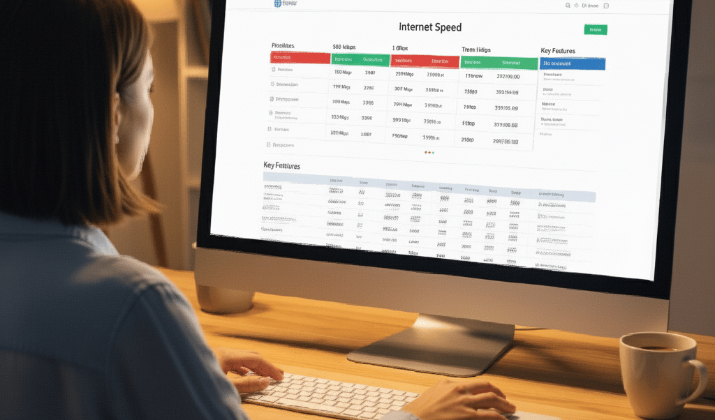 A woman using a computer to compare internet speeds and choose the right internet speed.