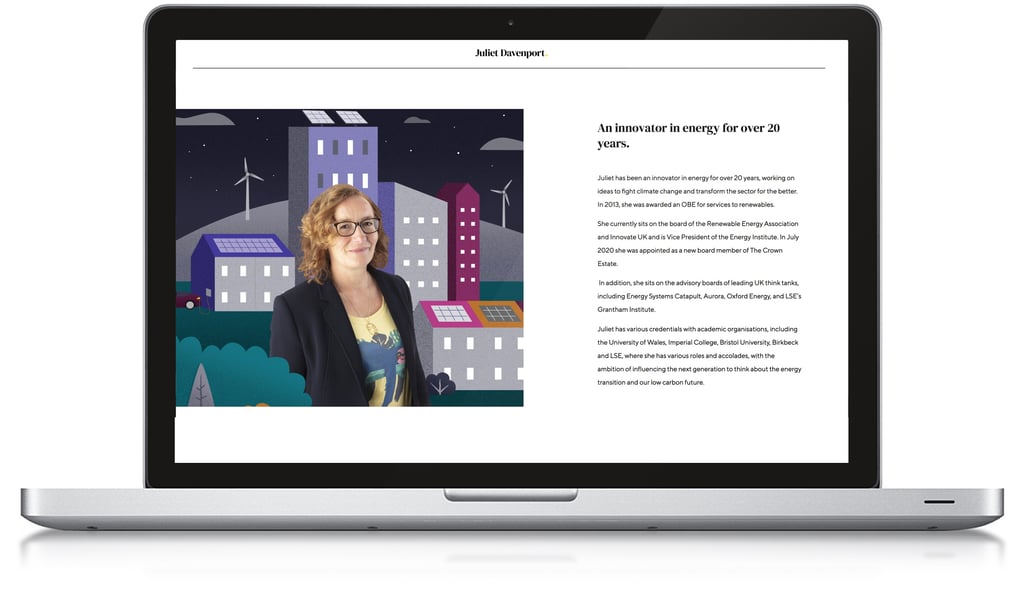 Web page with a woman sits in front of an illustrated scene of colourful a town on a laptop screen.