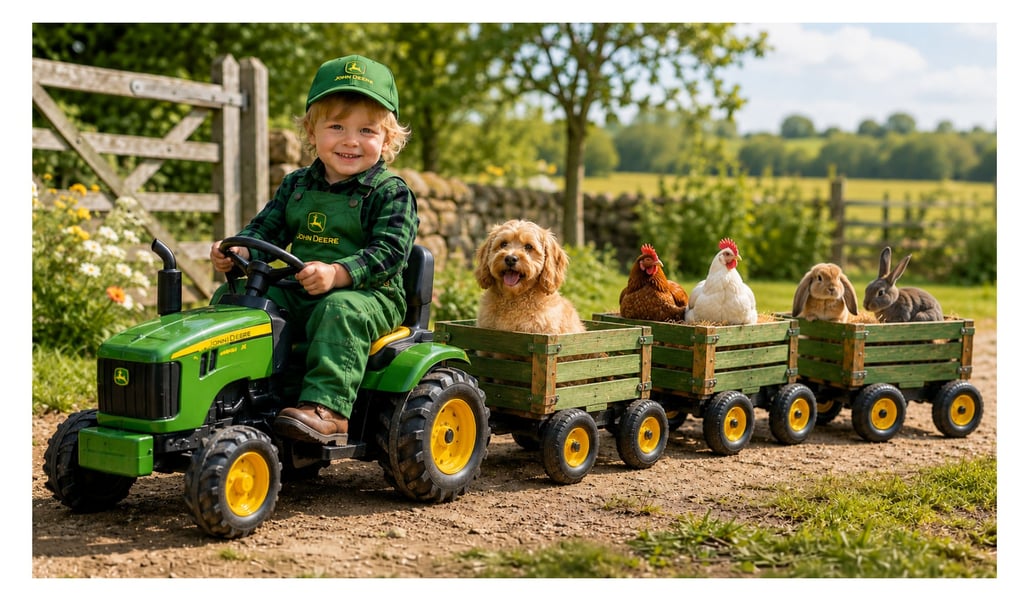 Little boy wearing John Deere overalls driving a toy tractor with a dog, chickens and rabbits in trailers