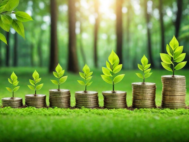imagem de moedas com plantas em cima referindo a finanças verdes. uma alusão
