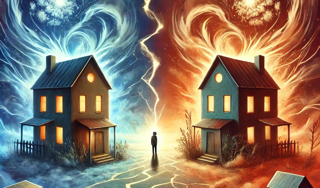 a man standing in front of a house with lightning bolt bolt bolt bolt bolt bolt