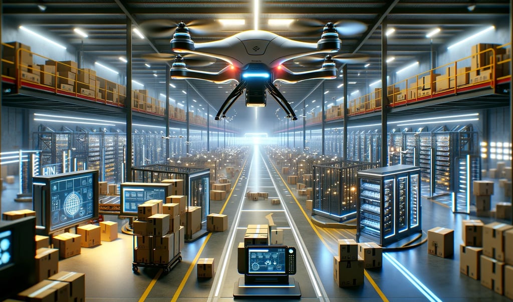 a drone flying over a warehouse with boxes