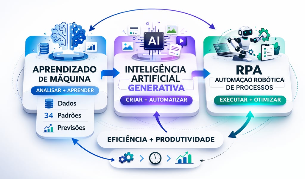 Diagrama que ilustra a aprendizagem de máquina, a IA generativa e a RPA para eficiência e automação
