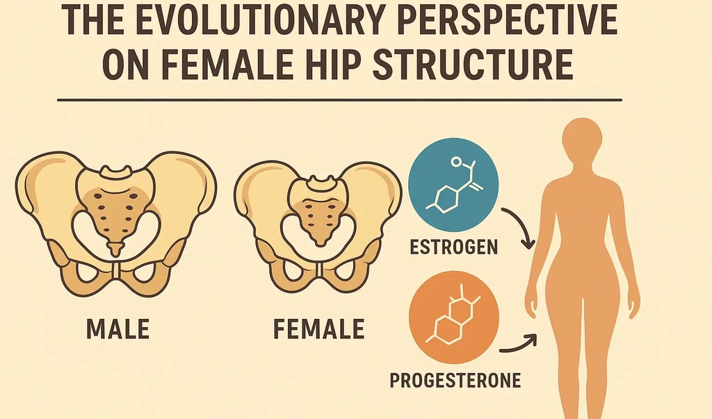 Anatomical comparison of male and female hip structures showing evolutionary differences.
