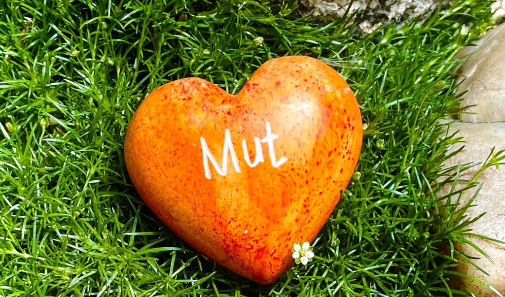 ein Herz mit der Aufschrift "Mut" liegt im Gras