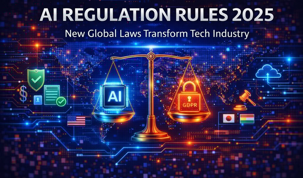 A digital illustration showing a futuristic global technology network with a golden balance scale at
