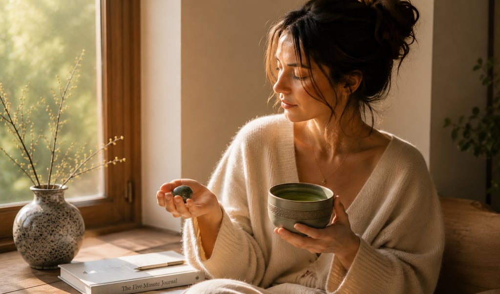 Woman holding a Green Strawberry Quartz stone as part of a mindful morning ritual.