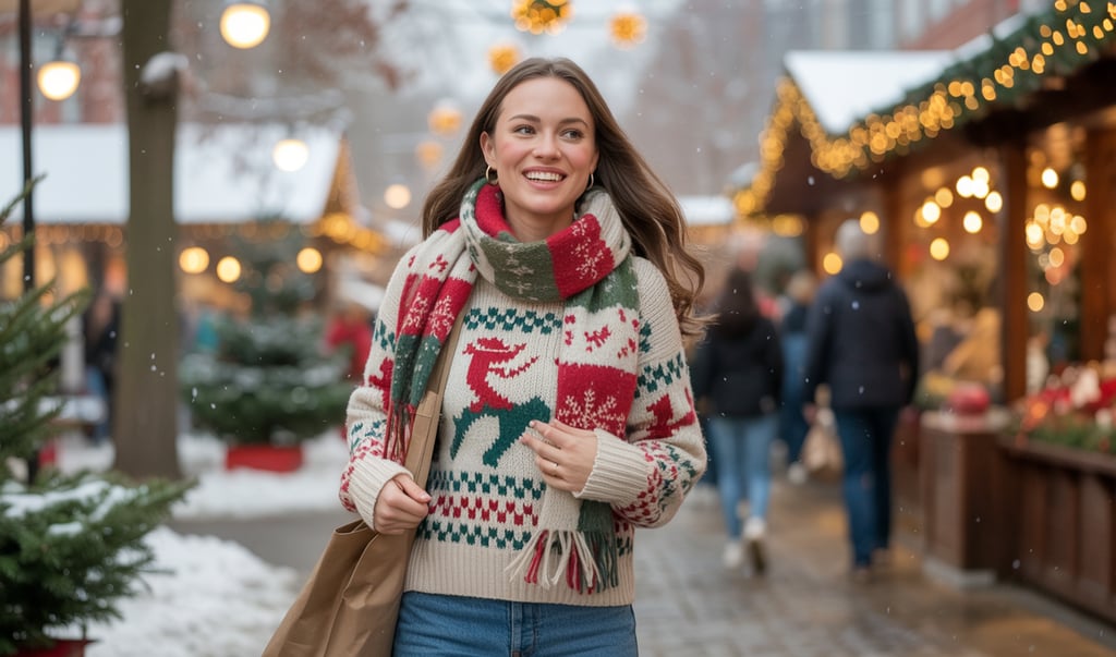 a woman in a sweater and jeans walking down a street