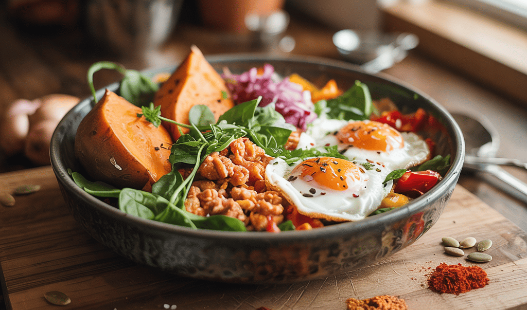 High-protein sweet potato hash with ground turkey, bell peppers, and spinach in a skillet.