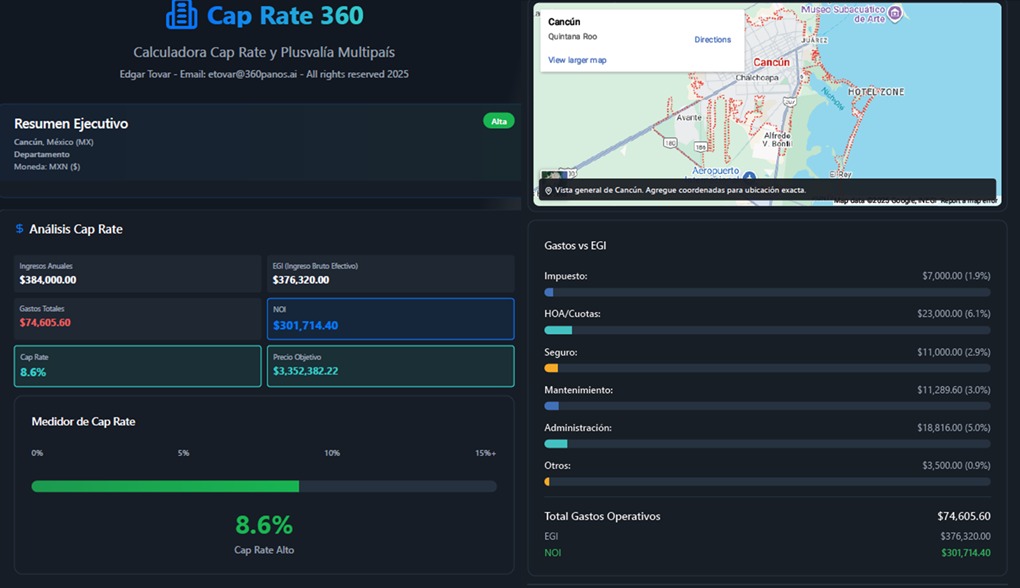 Análisis de Cap Rate 8.6% y Plusvalía con Cap Rate 360 App en Cancún