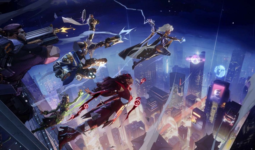 a group of heroes in a city with a sky view of a city