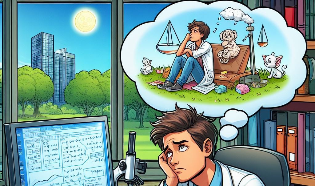 Un cientítico cansado se imagina disfrutando de su tiempo libre.