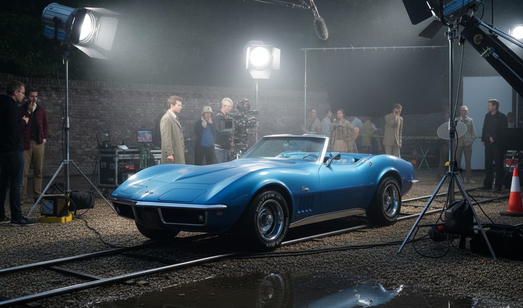 Corvette C3 Stingray azul de 1968 en rodaje de cine, coche clásico de alquiler para bodas y producciones en España.