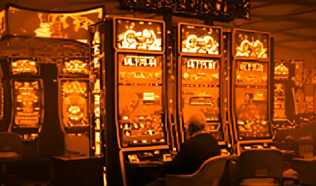 Slots volatility, a lone player at glowing slot machines in an amber-lit casino, CasinoCop report