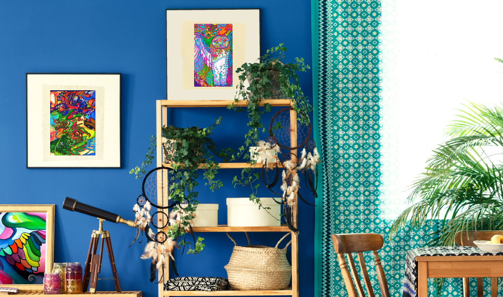 Colorful Boho living room with framed intuitive Reiki art wall hangings