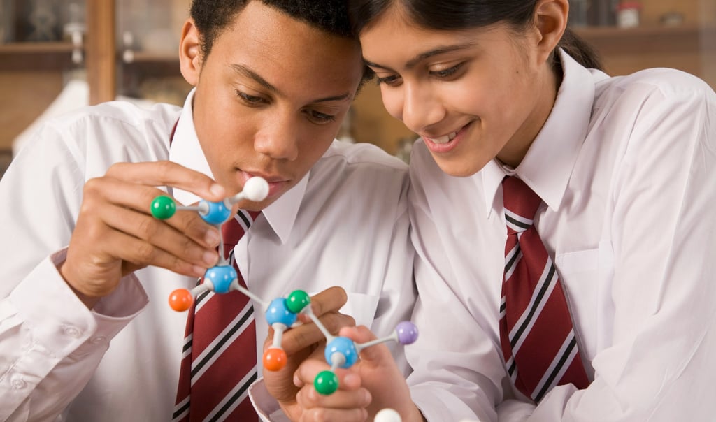 a boy and a girl  in school uniform are looking at a model of a molecule