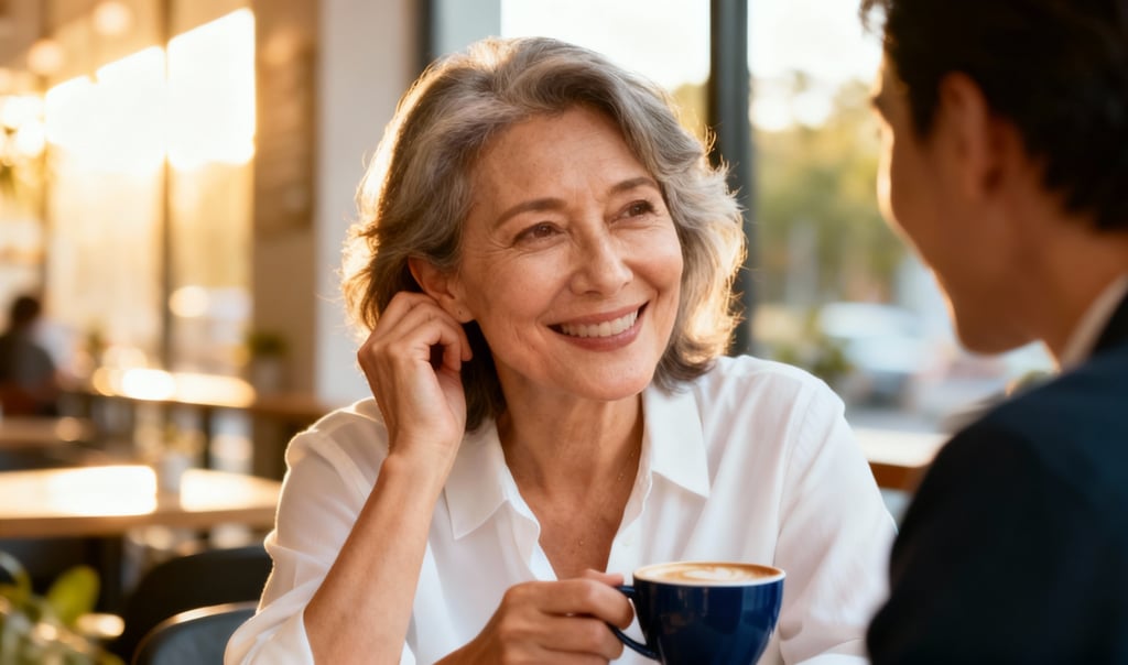 Mulher madura em café, vivendo com plenitude e confiança na saúde auditiva na All Sounds