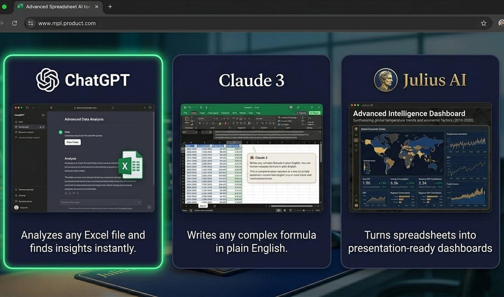Comparison of AI tools ChatGPT, Claude 3, and Julius AI for Excel data analysis and dashboarding.