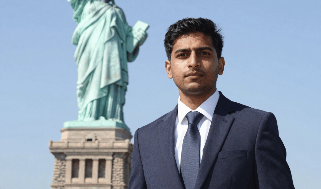 A confident Indian student standing with a backpack in front of a famous UK university building.