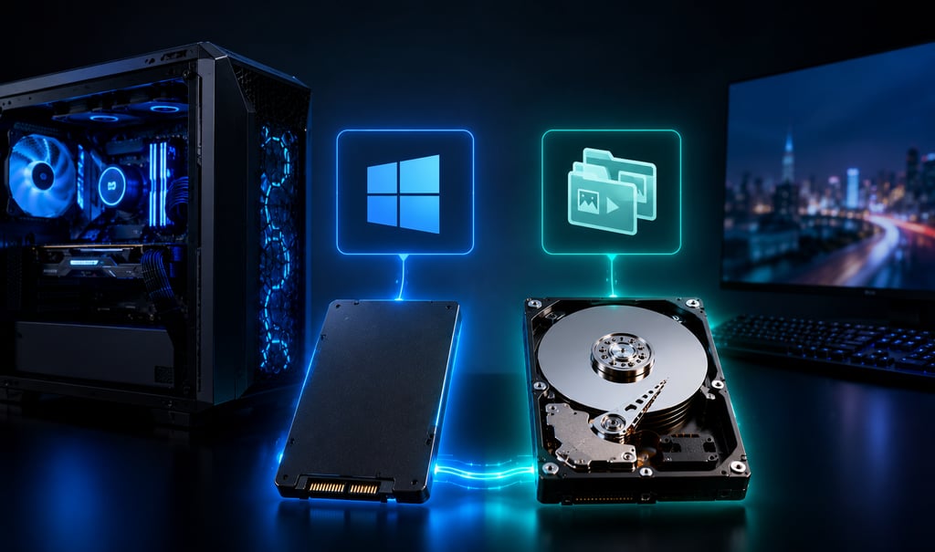 computador usando SSD para sistema e HD para arquivos e backup