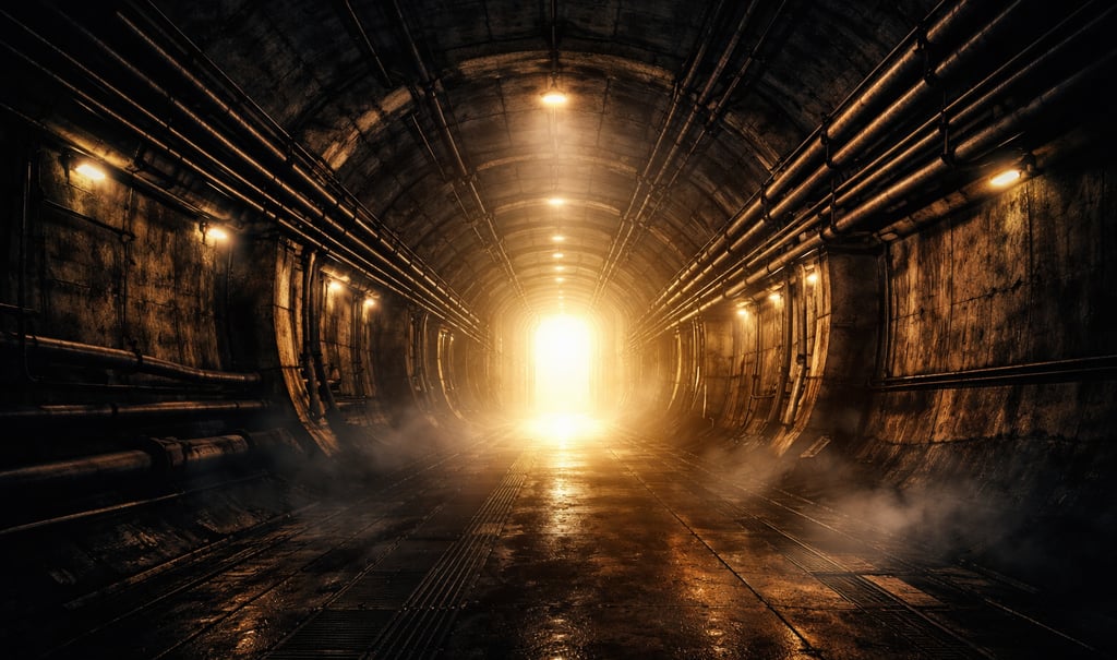Dark industrial underground tunnel with glowing lights leading to a bright exit
