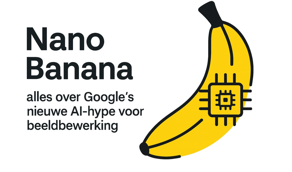 Gele banaan met microchip en tekst Nano Banana over Google’s AI-hype