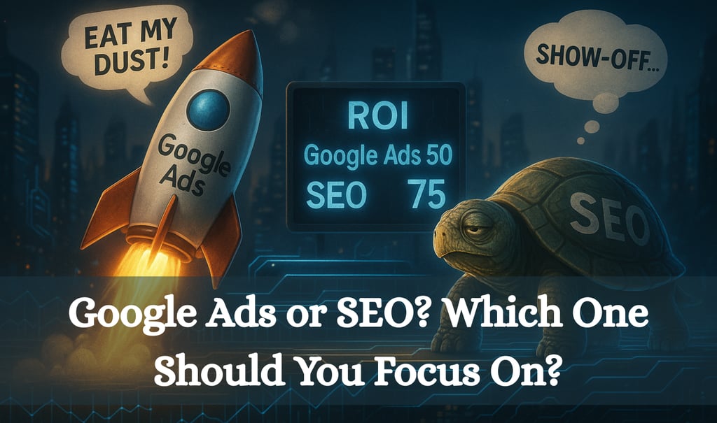 a rocket launching labeled “Google Ads” on other side a wise old turtle slowly walking
