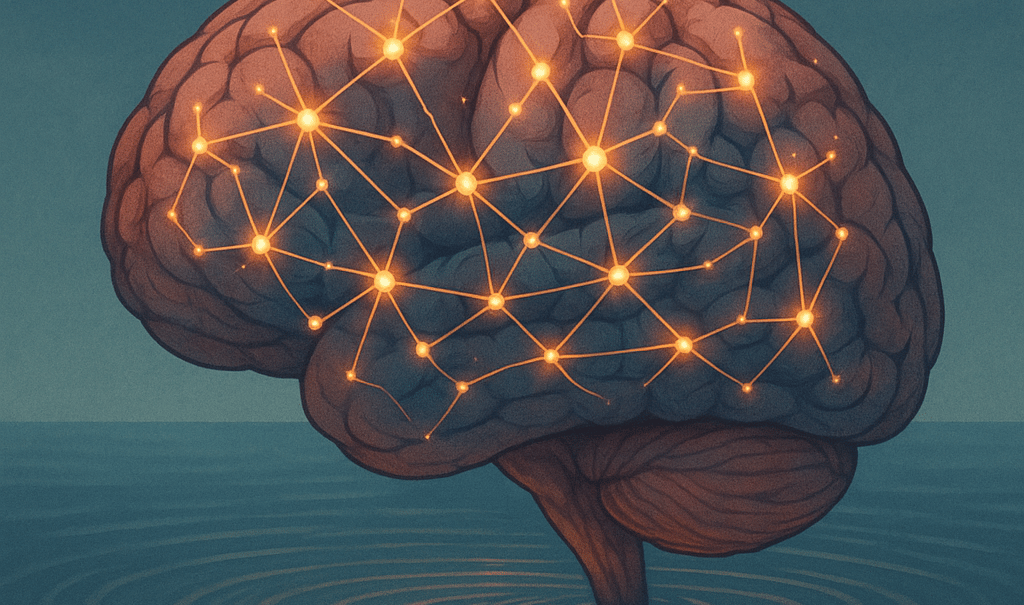 Иллюстрация человеческого мозга, внутри которого светятся соединённые между собой точки, напоминающи