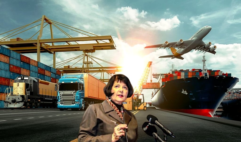 minister of transport , Minister Barbara Creecy ,a woman in a brown jacket and a plane