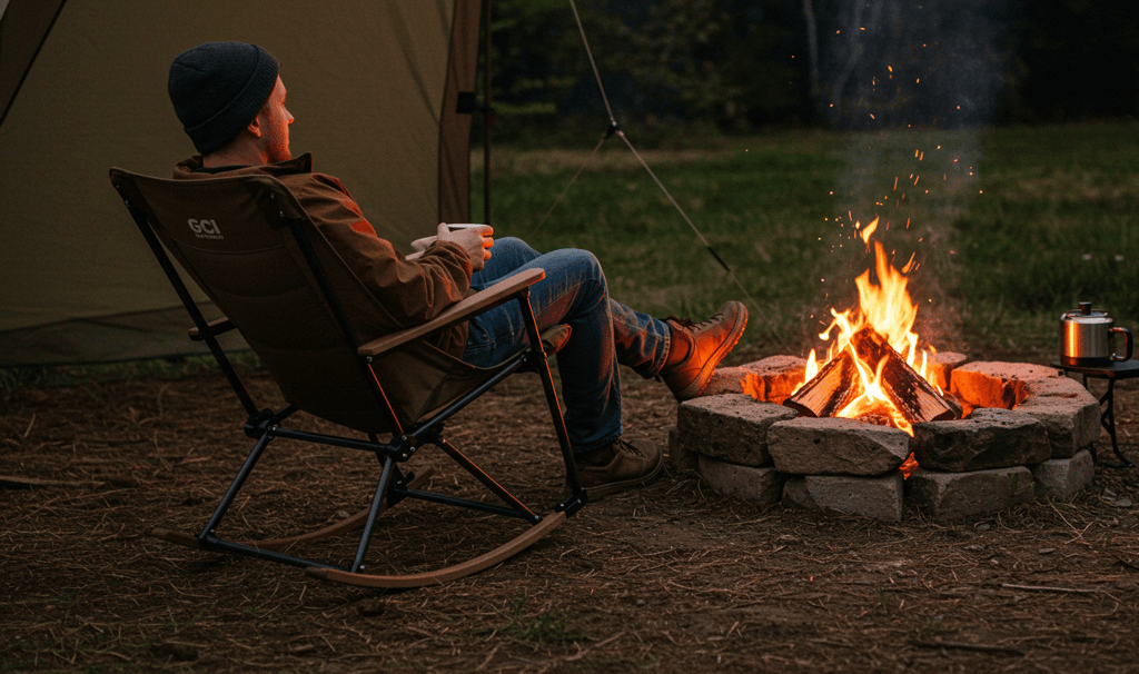 Man sitting in camping rocking chair by a campfire and tent enjoying a hot drink