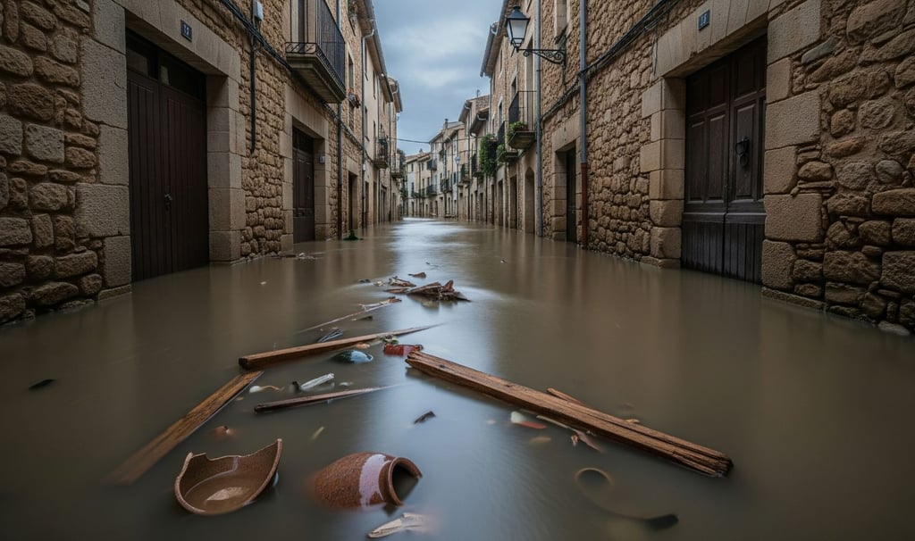Calle estrecha de un pueblo histórico en Cataluña completamente inundada con agua turbia y escombros tras las lluvias torrenc