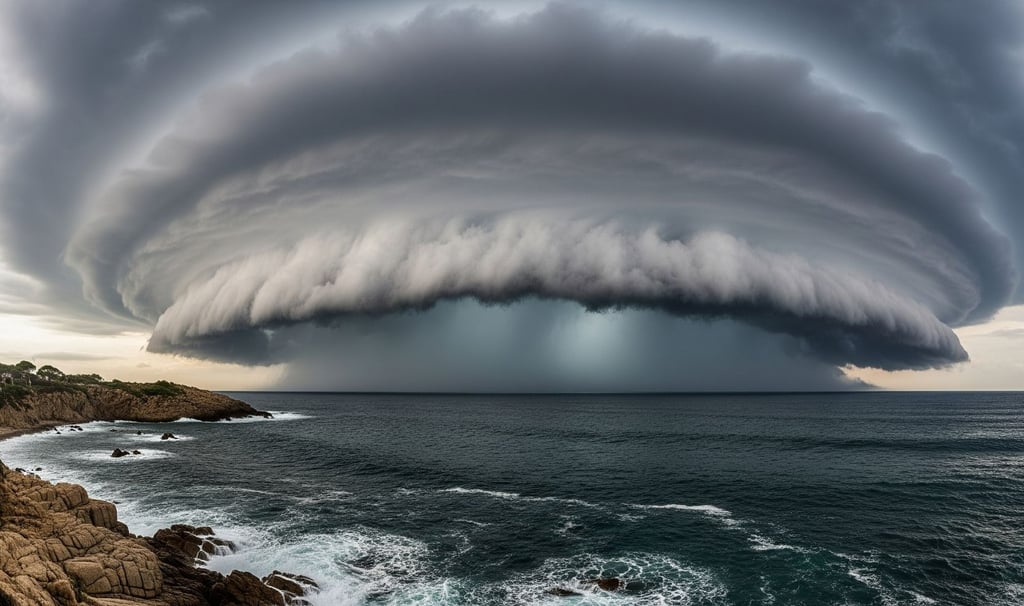 Impresionante nube de tormenta tipo DANA (gota fría) formándose sobre el mar Mediterráneo frente a la costa de Cataluña, most
