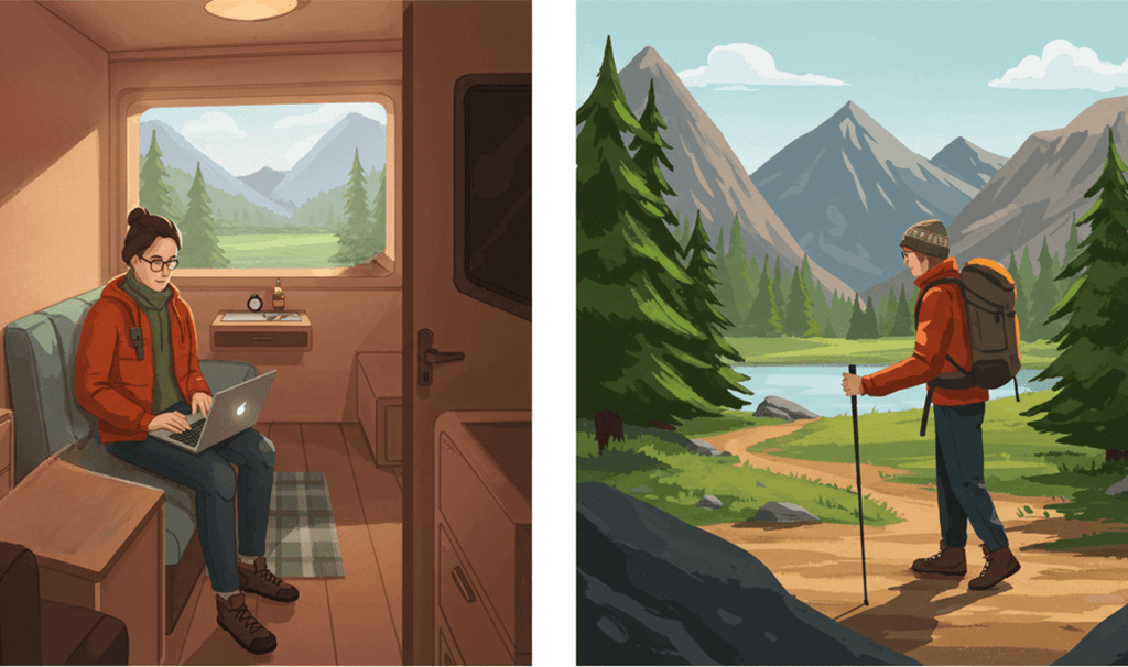 Digital nomad demonstrating versatile clothing for nomads, transitioning from work to hiking