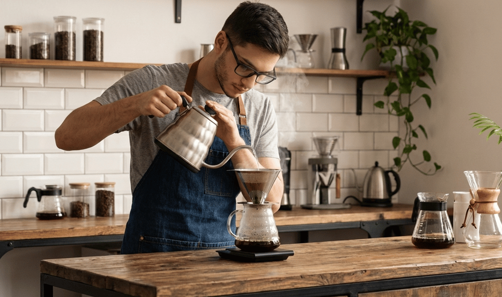 barista fazendo usando filtro de café inox. está em uma cozinha aconchegante com metro white