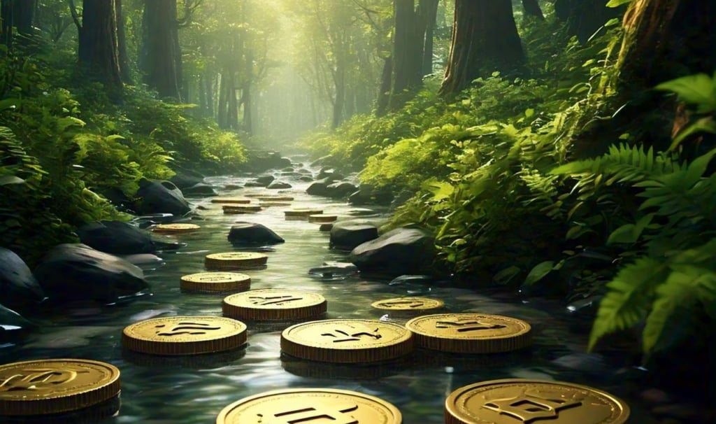 a stream of coins in a forest
