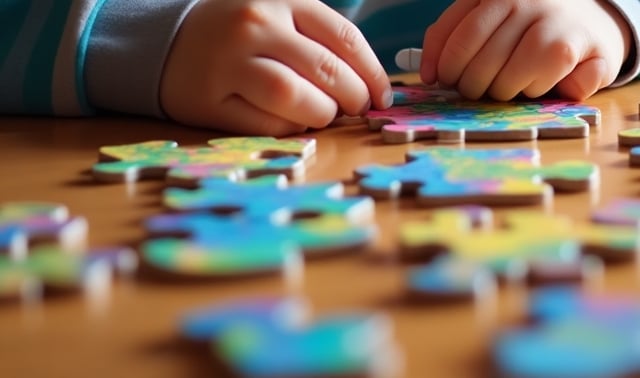 imagem feita por AI de um menino autista brincando com quebra-cabeças coloridos