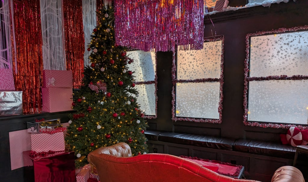 holiday decorations inside a bar